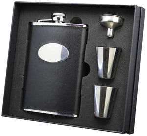 Flask Set - Black Leatherette w/Oval Plate 8oz - 4pc