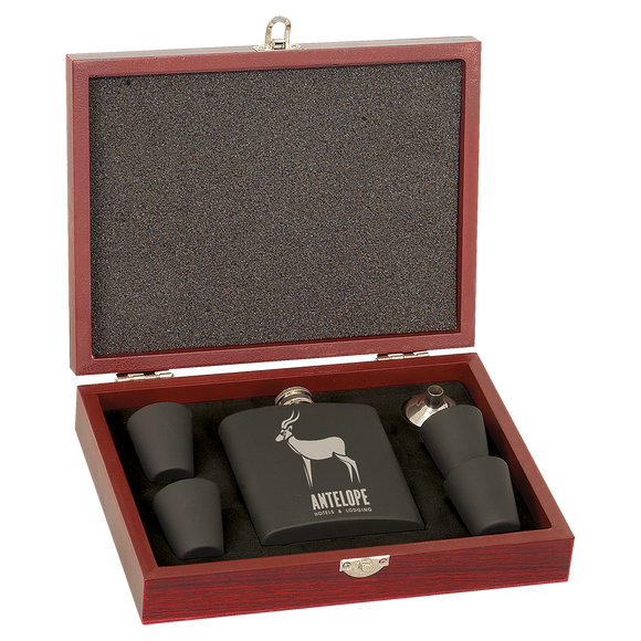 6oz Flask Gift Set in Wood Box - Matte Black.