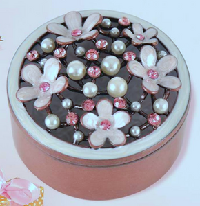 Trinket Box - Round w/White Flowers & Pink CZ
