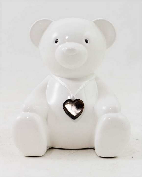 White Teddy Bear Bank with Heart Charm