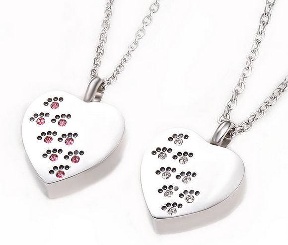 Ashes Necklace - Pawprint Heart w/Clear CZ