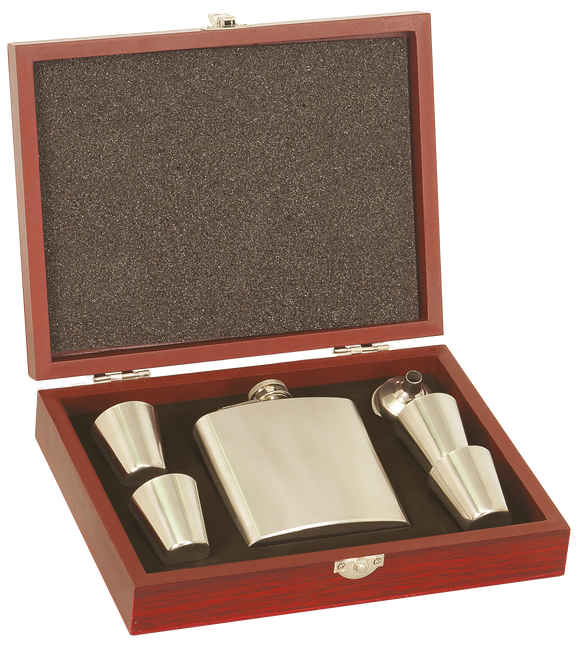 Flask Gift Set - Wood Box St.Steel 6pc - 6oz