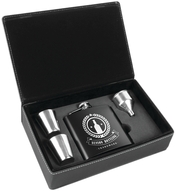 Flask Gift Set - Black 4pc - 6oz - black/silver leatherette