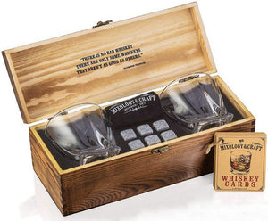 Whisky Set in Wood Box - 9pc - 2 Glasses, 6 Stones, Pouch